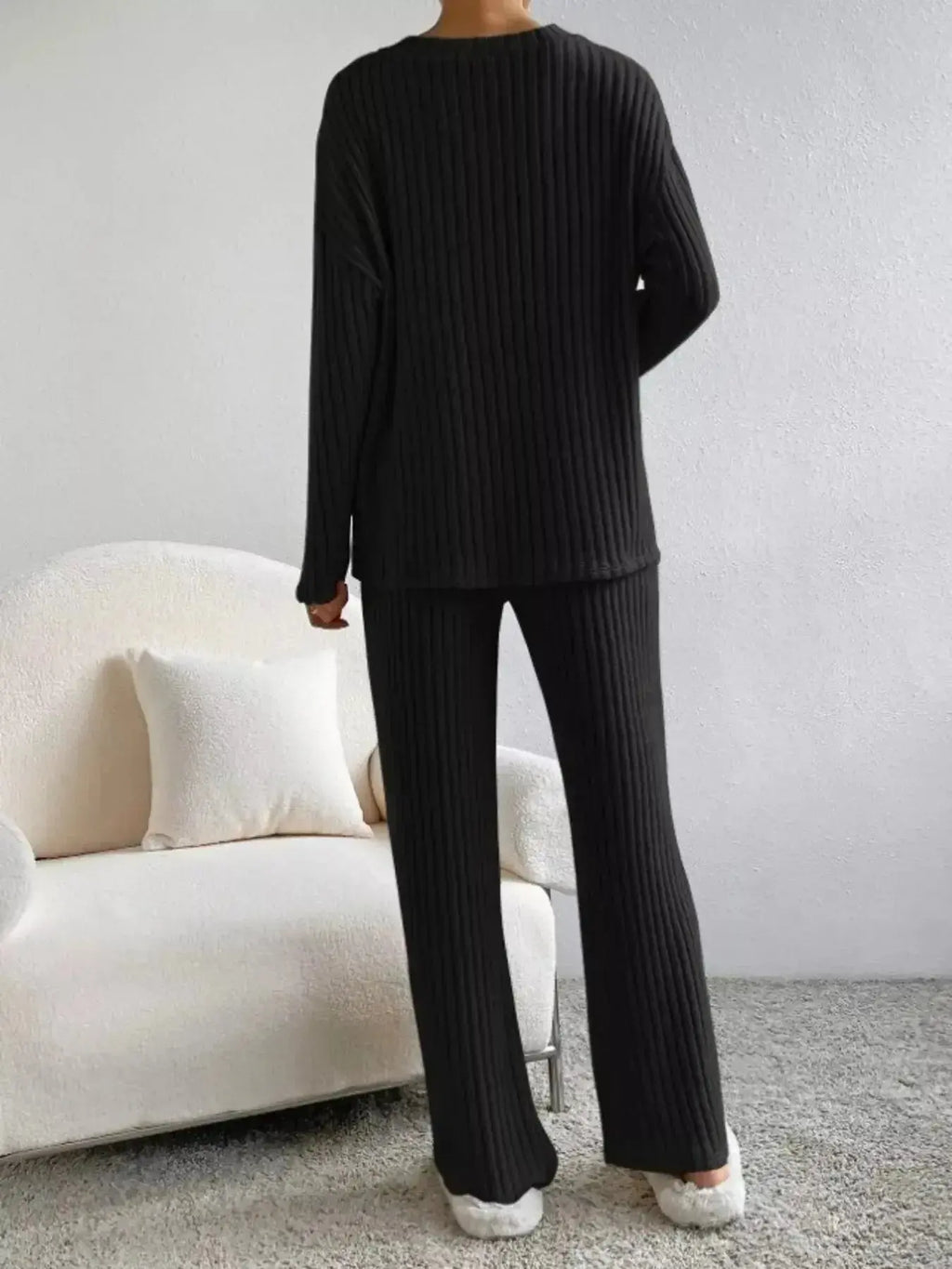 Women’s ribbed knit V-neck lounge set by Plush Fashion Hub, comfortable two-piece matching pant set in soft fabric.