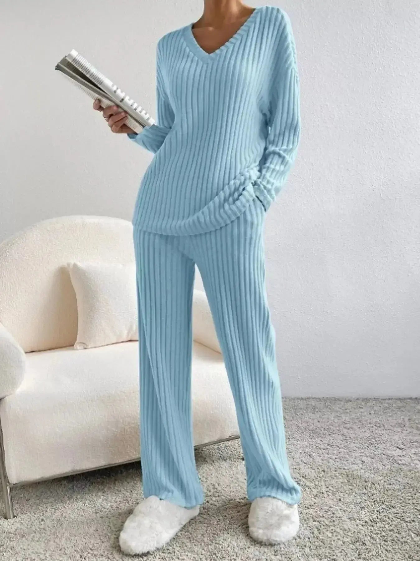 Women’s ribbed knit V-neck lounge set by Plush Fashion Hub, comfortable two-piece matching outfit with relaxed fit and cozy fabric.