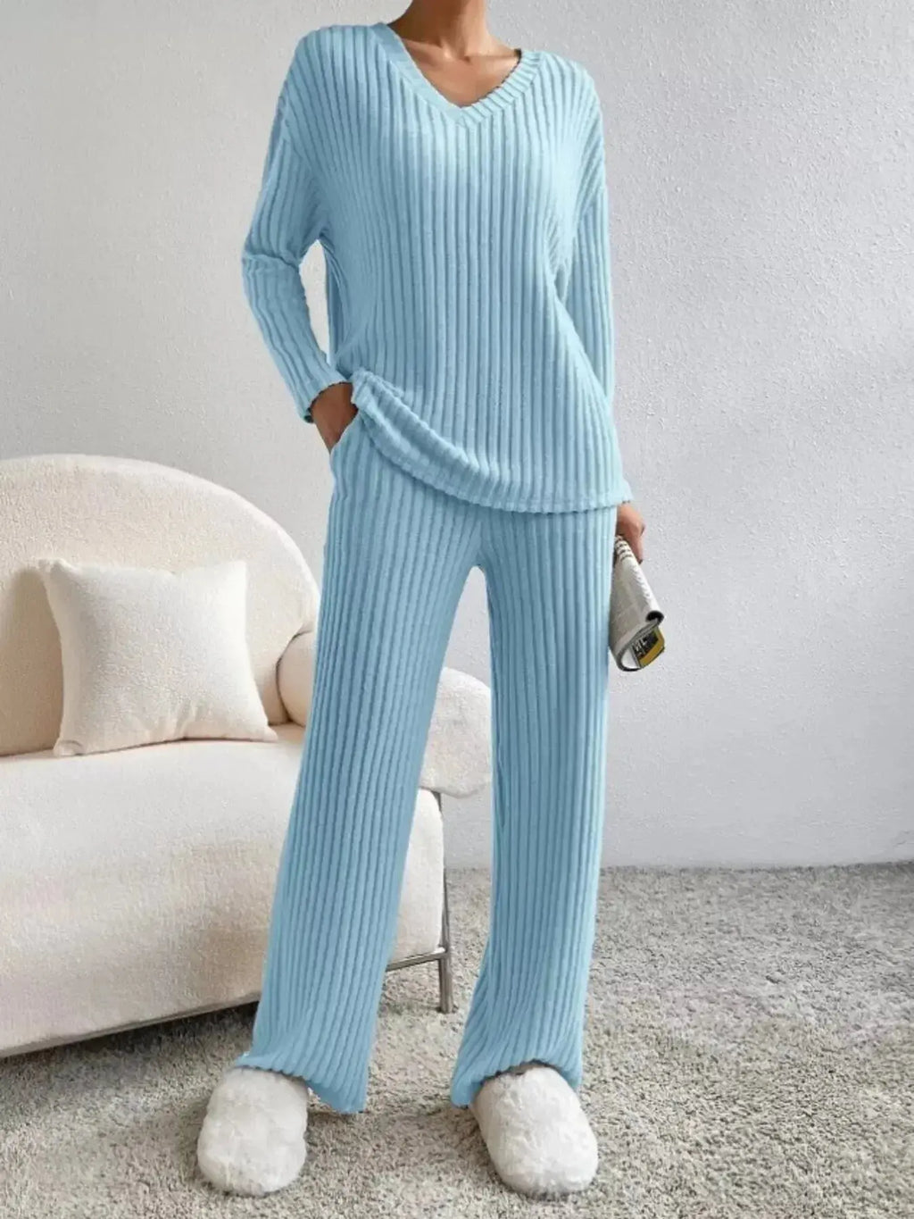 Women’s ribbed knit V-neck lounge set by Plush Fashion Hub, featuring a comfortable two-piece matching outfit with relaxed fit.