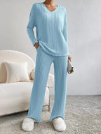 Women’s ribbed knit V-neck lounge set by Plush Fashion Hub, featuring a comfortable two-piece matching outfit with relaxed fit.