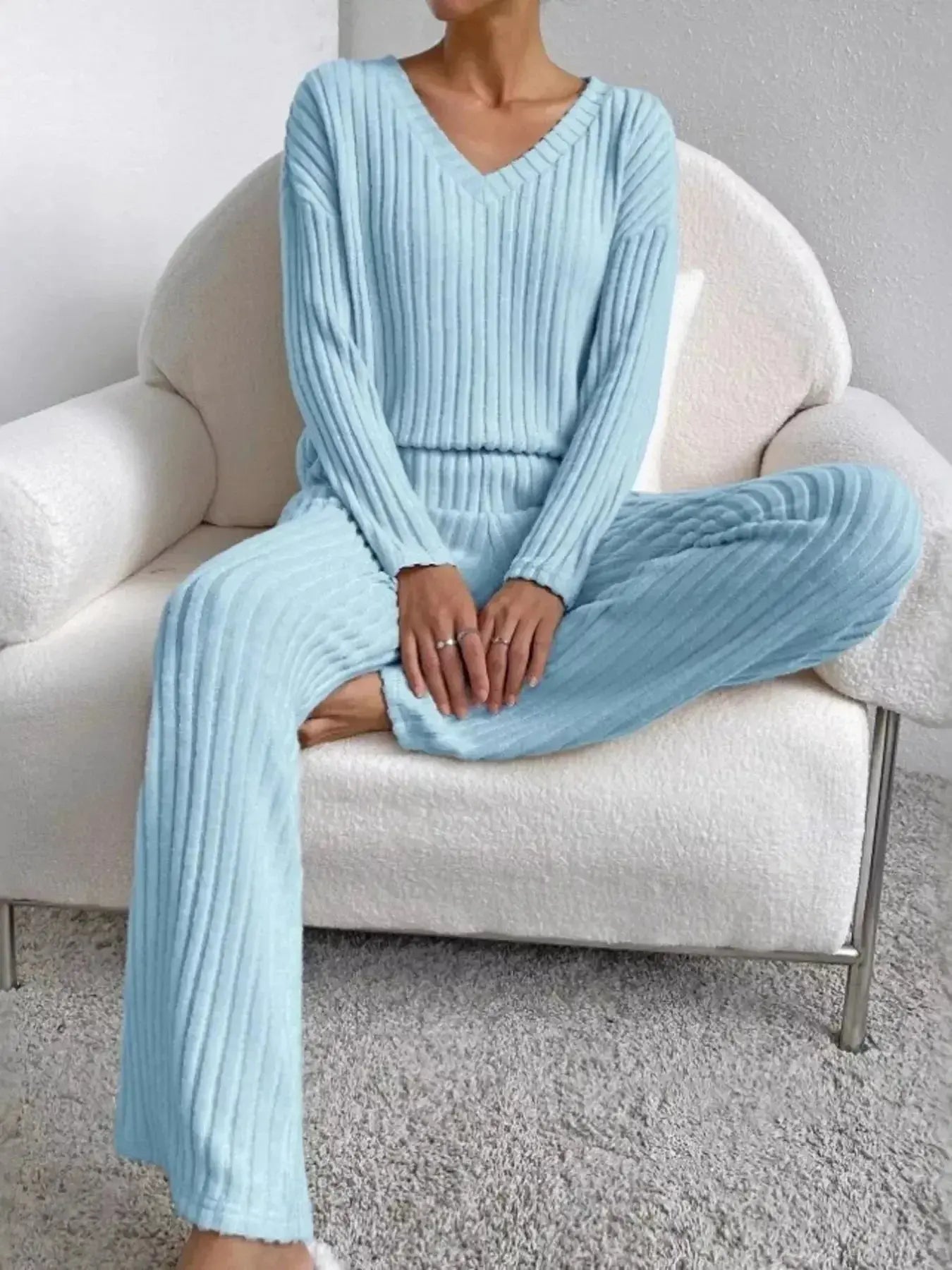 Women’s ribbed knit V-neck lounge set by Plush Fashion Hub, featuring a comfortable two-piece matching pant and top set.