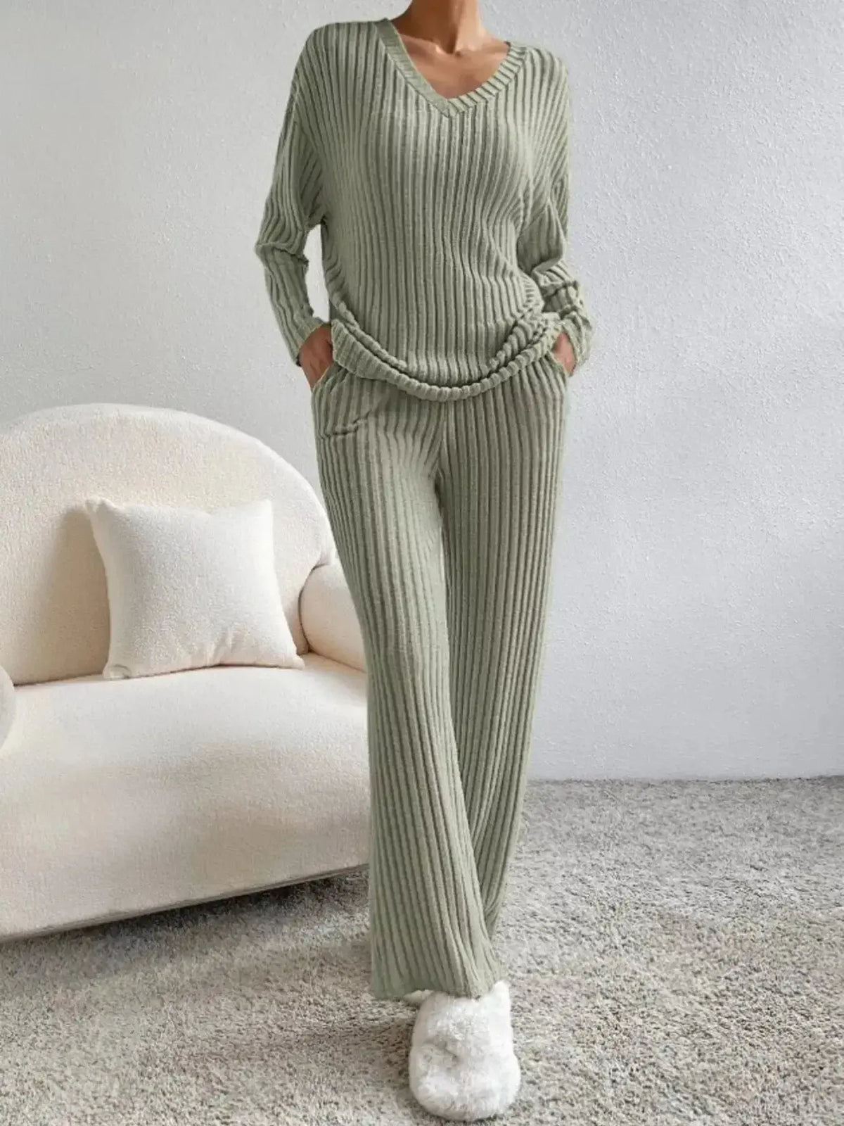 Women's ribbed knit V-neck lounge set by Plush Fashion Hub, featuring a comfortable two-piece matching outfit with relaxed fit.