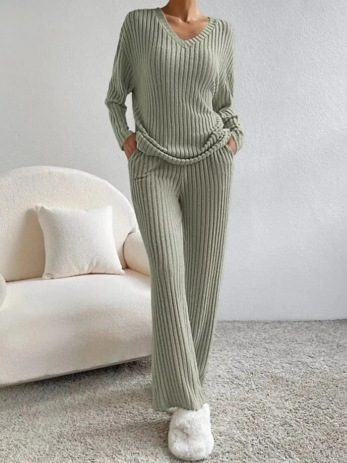 Women’s ribbed knit V-neck lounge set by Plush Fashion Hub, two-piece matching outfit with comfortable, cozy fabric.