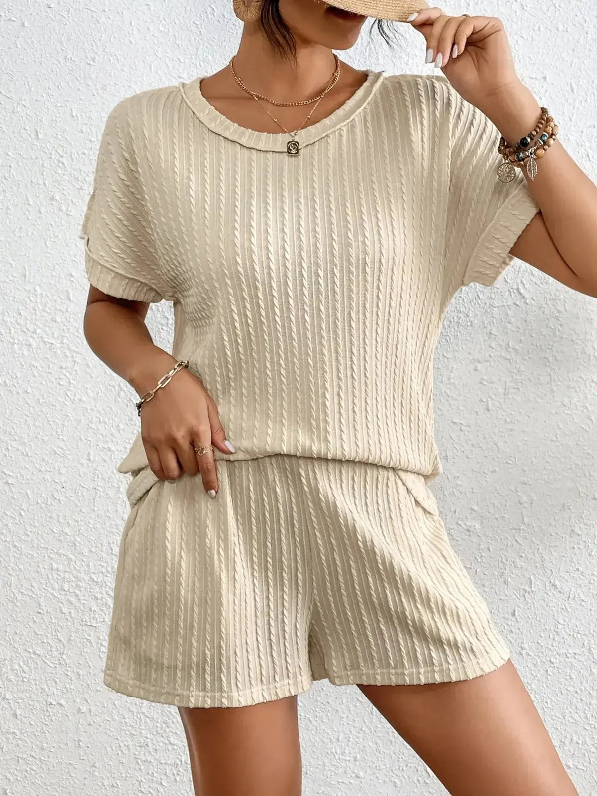 Women’s ribbed round neck lounge set by Plush Fashion Hub, soft two-piece pajama with top and shorts for comfortable sleepwear.