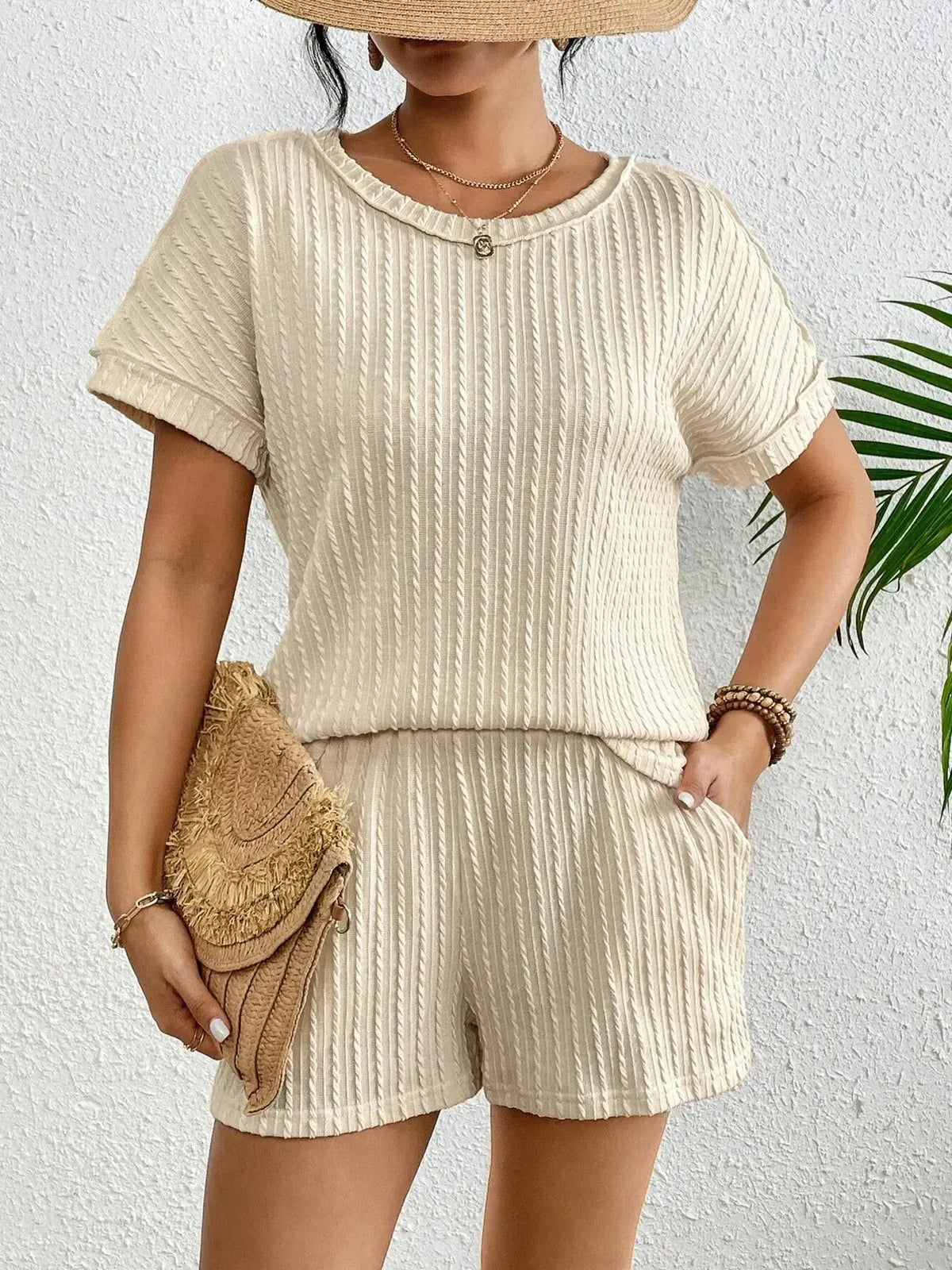 Women’s ribbed round neck lounge set by Plush Fashion Hub, soft two-piece pajama with top and shorts for comfortable sleepwear.