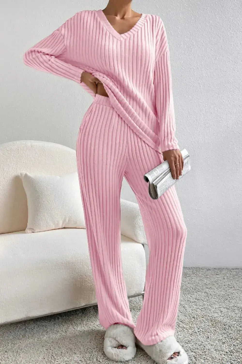 Women’s ribbed V-neck lounge set by Plush Fashion Hub, cozy two-piece pajama set with ribbed fabric and relaxed fit.