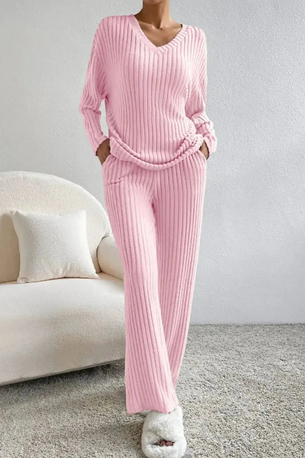 Women’s ribbed V-neck lounge set by Plush Fashion Hub, comfortable two-piece pajama set with ribbed fabric and relaxed fit.