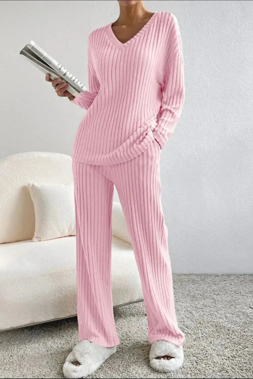 Women’s ribbed V-neck lounge set by Plush Fashion Hub, comfortable two-piece pajama set with a relaxed fit and cozy fabric.