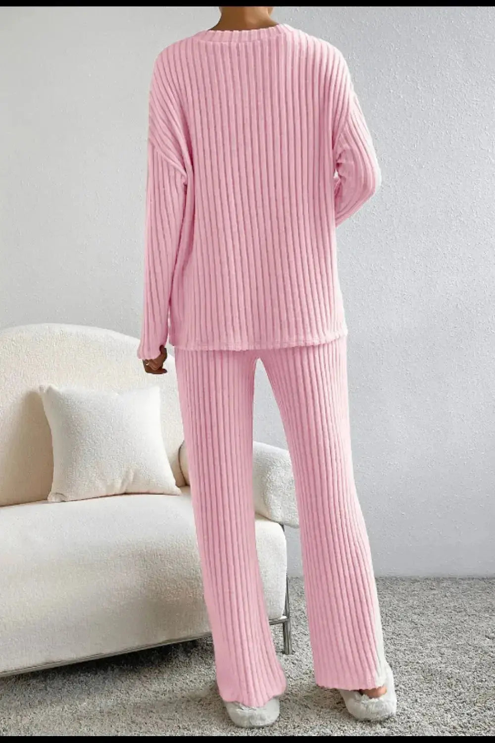 Women's ribbed V-neck lounge set by Plush Fashion Hub, two-piece pajama set with comfortable, cozy fabric and relaxed fit.