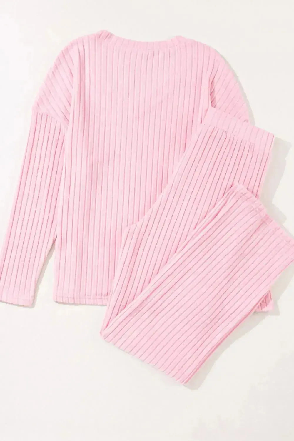 Women’s ribbed V-neck lounge set by Plush Fashion Hub, comfortable two-piece pajama set for relaxed home wear.
