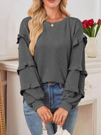 Women’s ribbed long sleeve sweatshirt with ruffled round neckline, stylish and cozy sweater by Trendsi.
