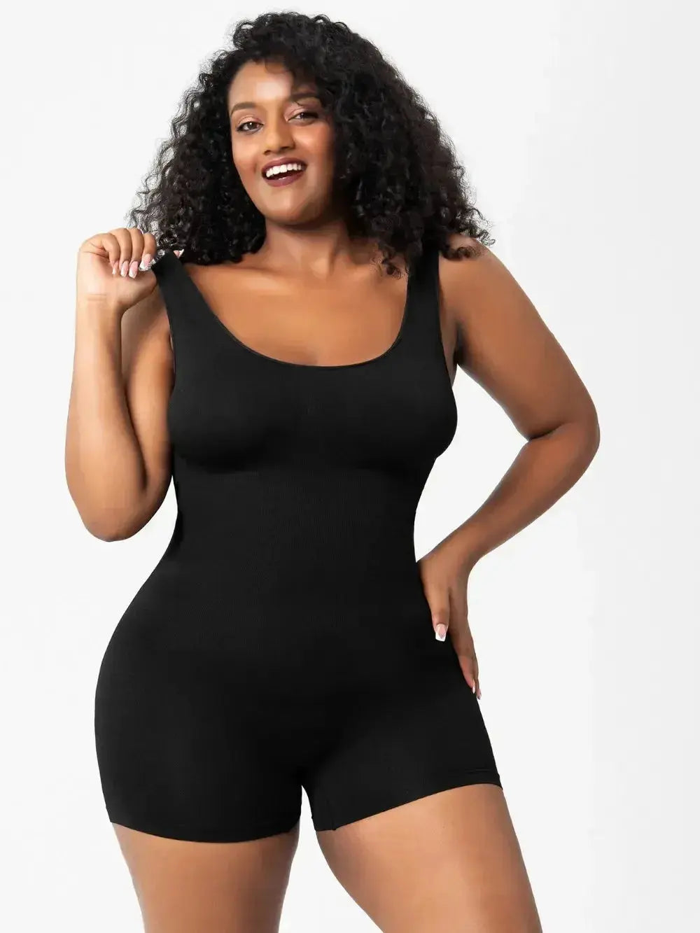 Women wearing Plush Fashion Hub scoop neck wide strap shaping romper, comfortable bodycon pajama bodysuit with a flattering fit.