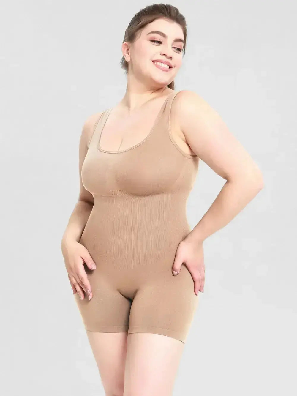 Women wearing Plush Fashion Hub's scoop neck wide strap shaping romper, comfortable bodycon pajama bodysuit for relaxed wear.