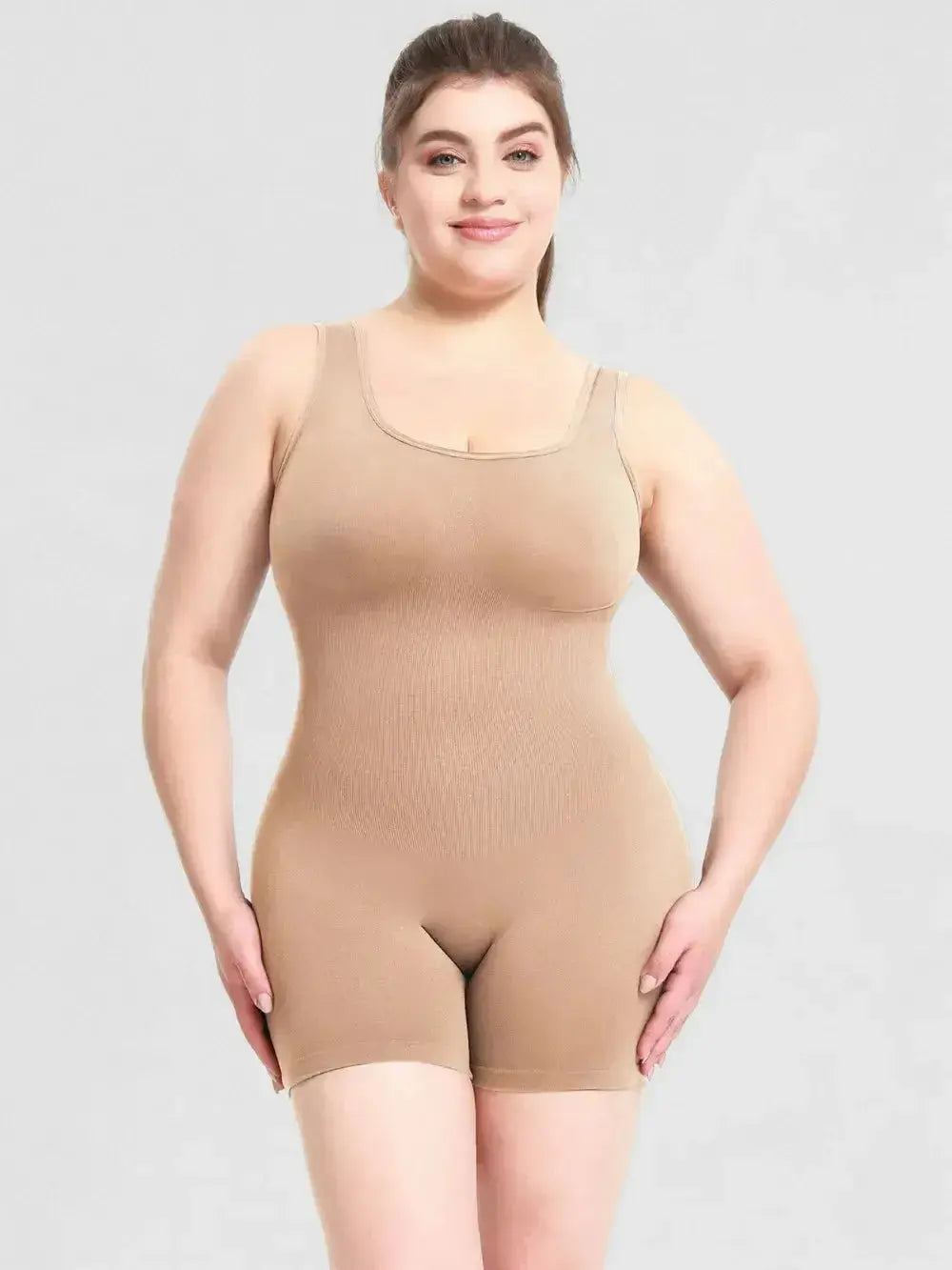 Women wearing Plush Fashion Hub scoop neck wide strap shaping romper, comfortable bodycon pajama bodysuit in relaxed fit.