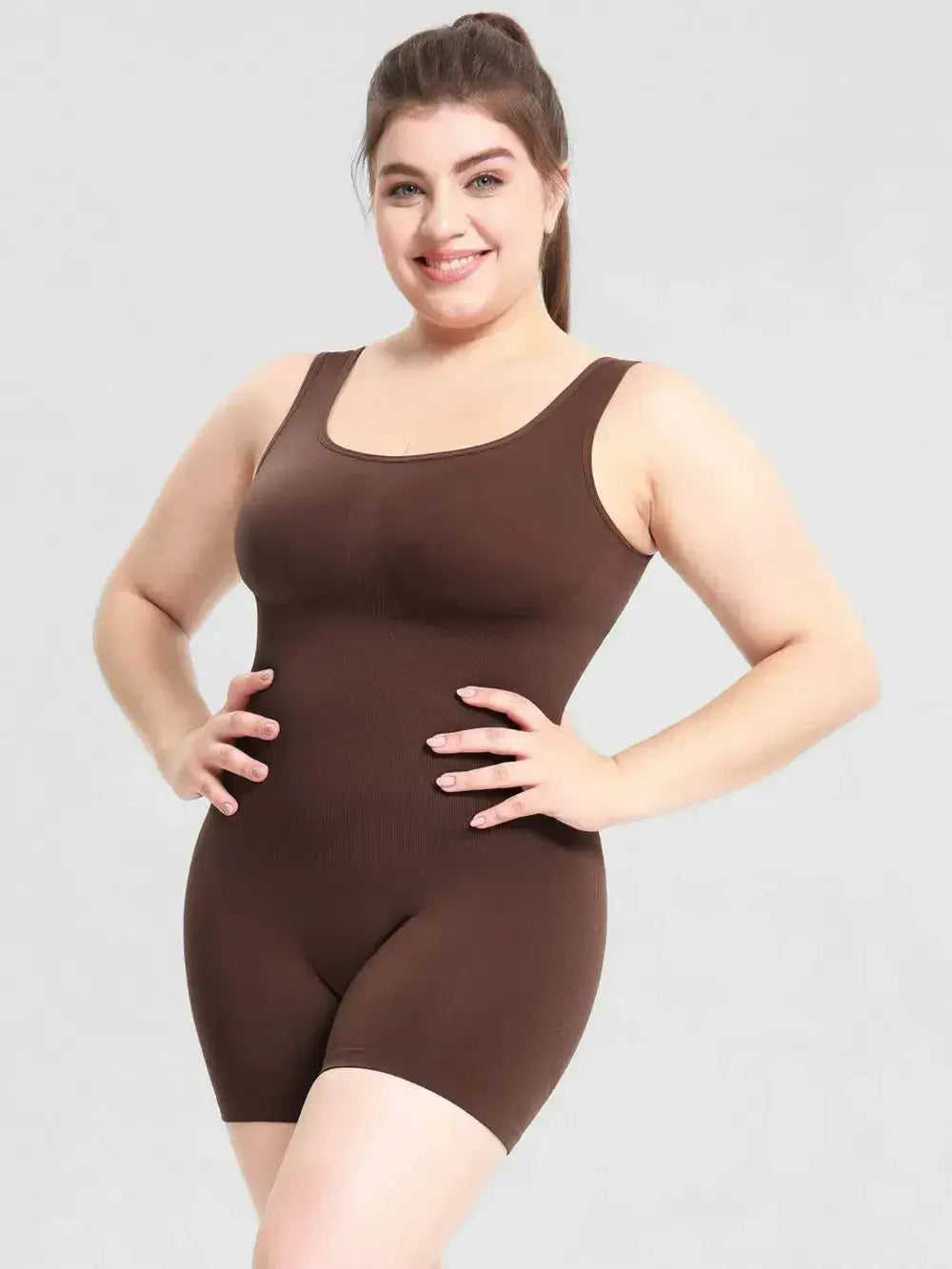 Women’s scoop neck wide strap shaping romper pajama from Plush Fashion Hub, comfortable bodycon bodysuit for lounging or sleep.