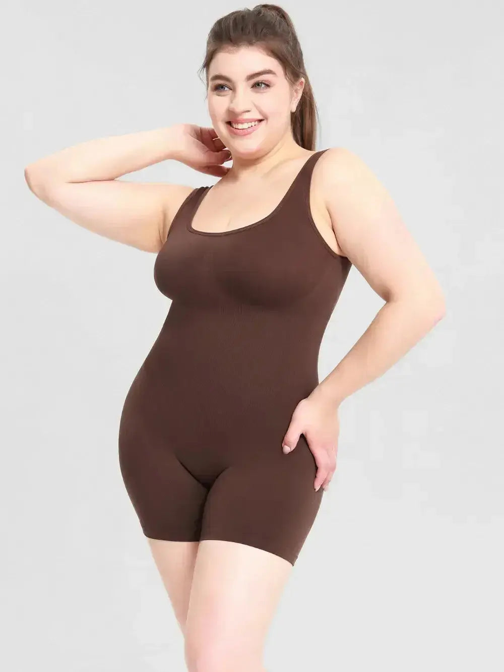Women wearing Plush Fashion Hub women's scoop neck wide strap shaping romper pajama, comfortable bodycon bodysuit.