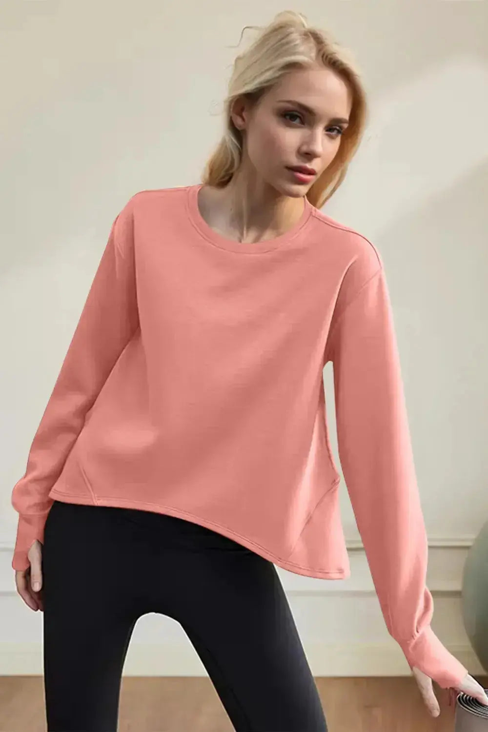 Women wearing Plush Fashion Hub scuba long sleeve round neck sweatshirt, minimalist style, casual everyday essential shirt.