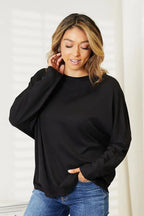 Women's long sleeve round neck top with seam detail from Trendsi, a comfortable everyday shirt for casual wear.