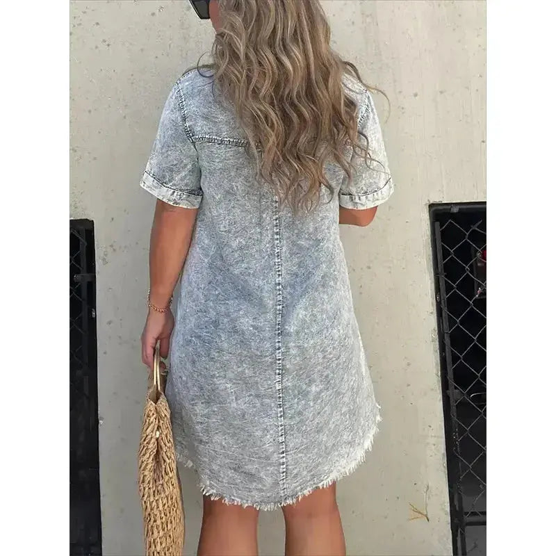 Women’s short sleeve denim button-down dress with raw hem, stylish Trendsi denim dress for casual wear.