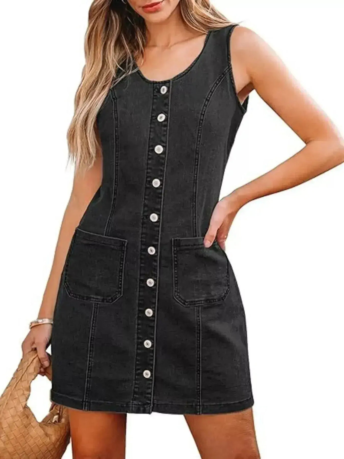 Women’s sleeveless denim dress with button front and pockets by Plush Fashion Hub, casual summer style.
