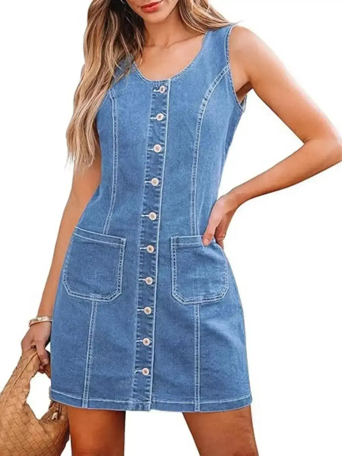 Women’s sleeveless denim dress with button front and pockets, stylish and casual by Plush Fashion Hub.
