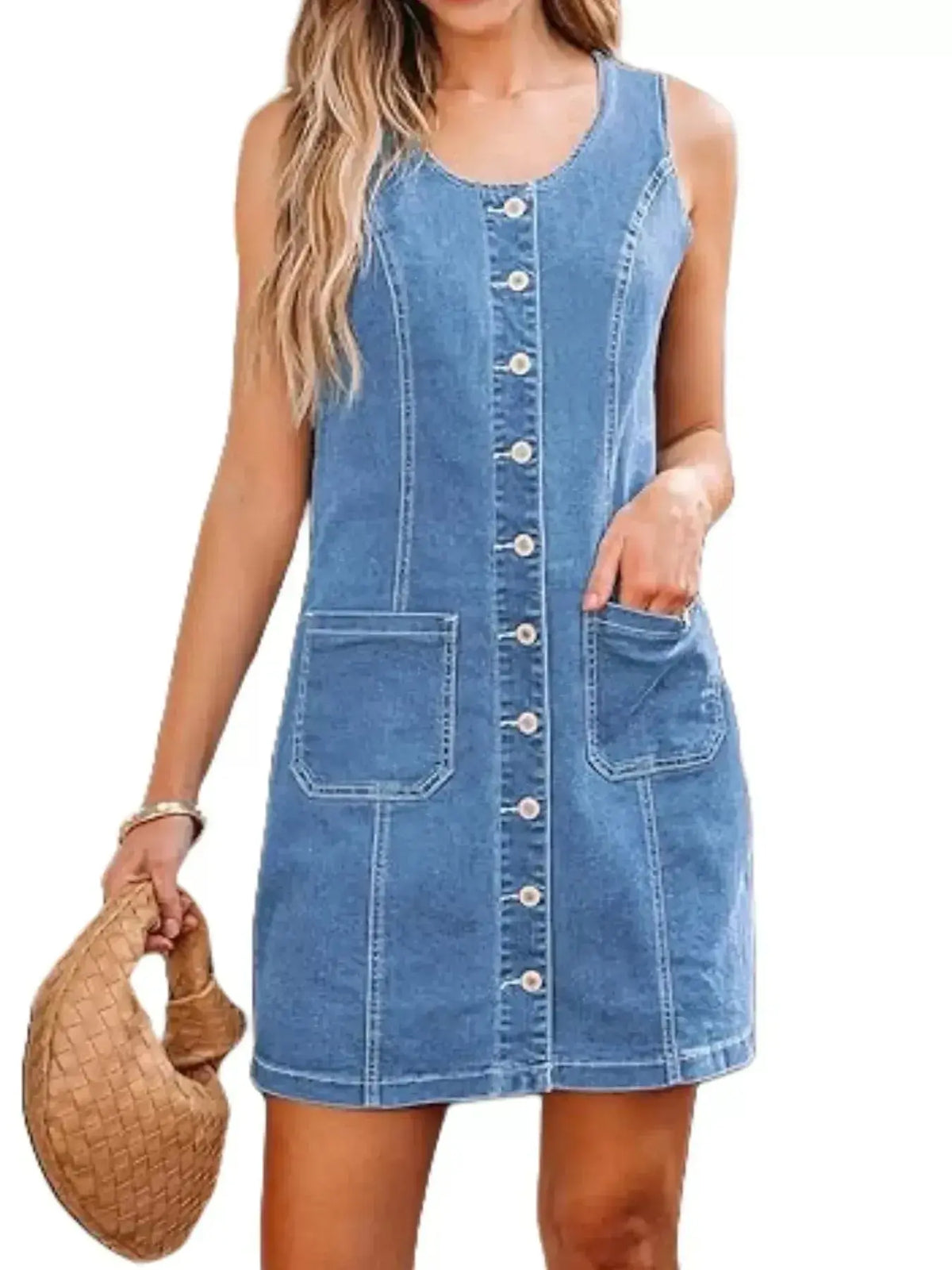 Women’s sleeveless denim dress with button front and pockets, stylish casual wear by Plush Fashion Hub.