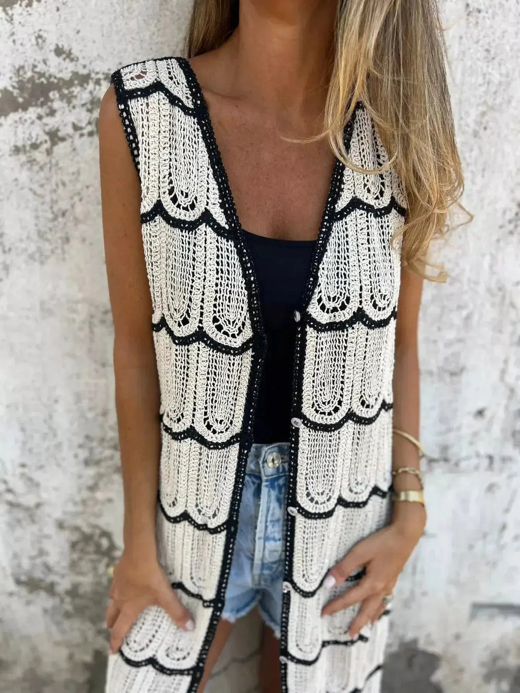 Women's sleeveless crochet longline cardigan with openwork knit pattern and button-front design, trendy Trendsi sweater vest.