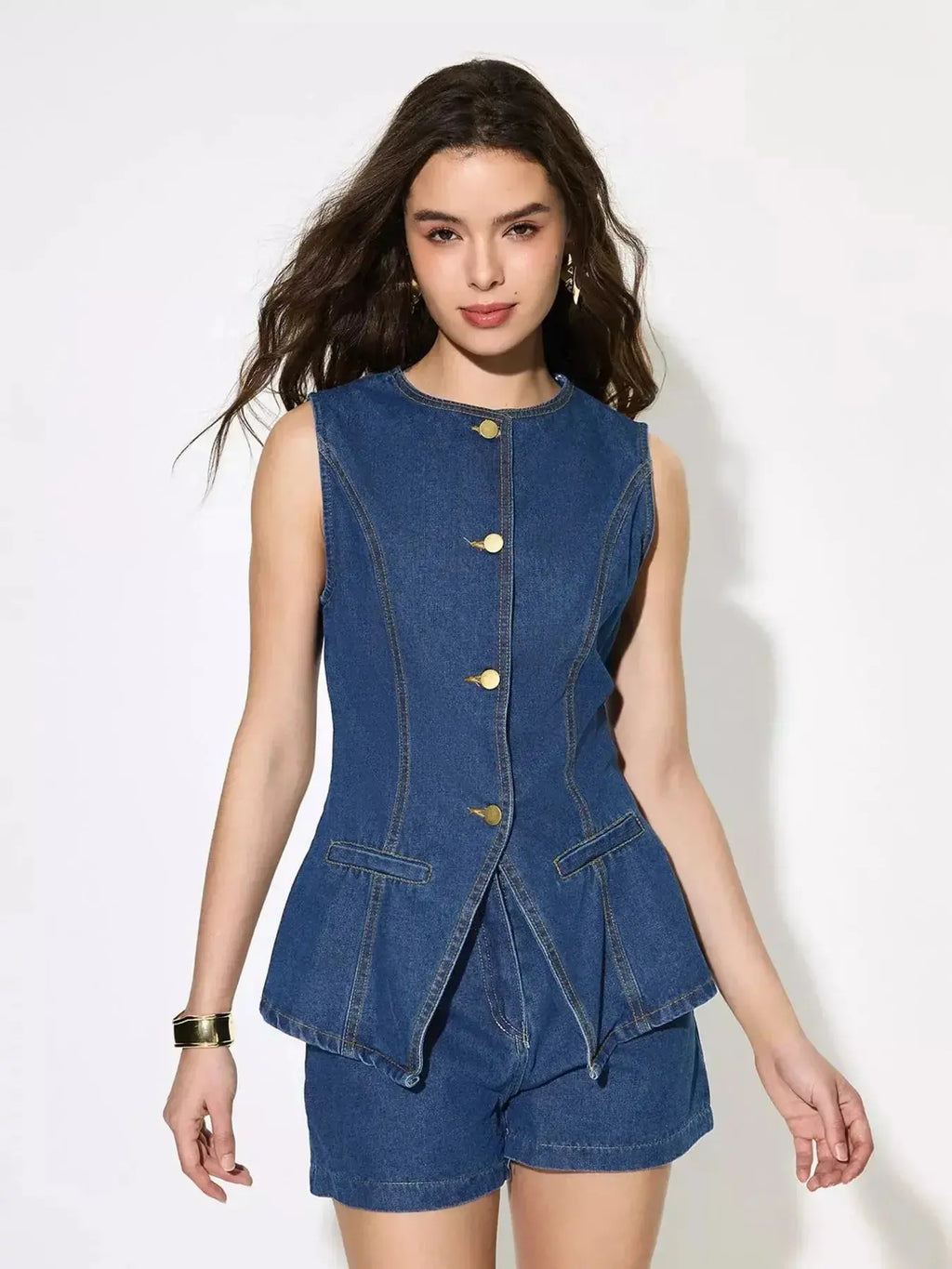 Women’s sleeveless denim button-up top and matching shorts set by Trendsi, featuring casual summer style with a fitted silhouette.