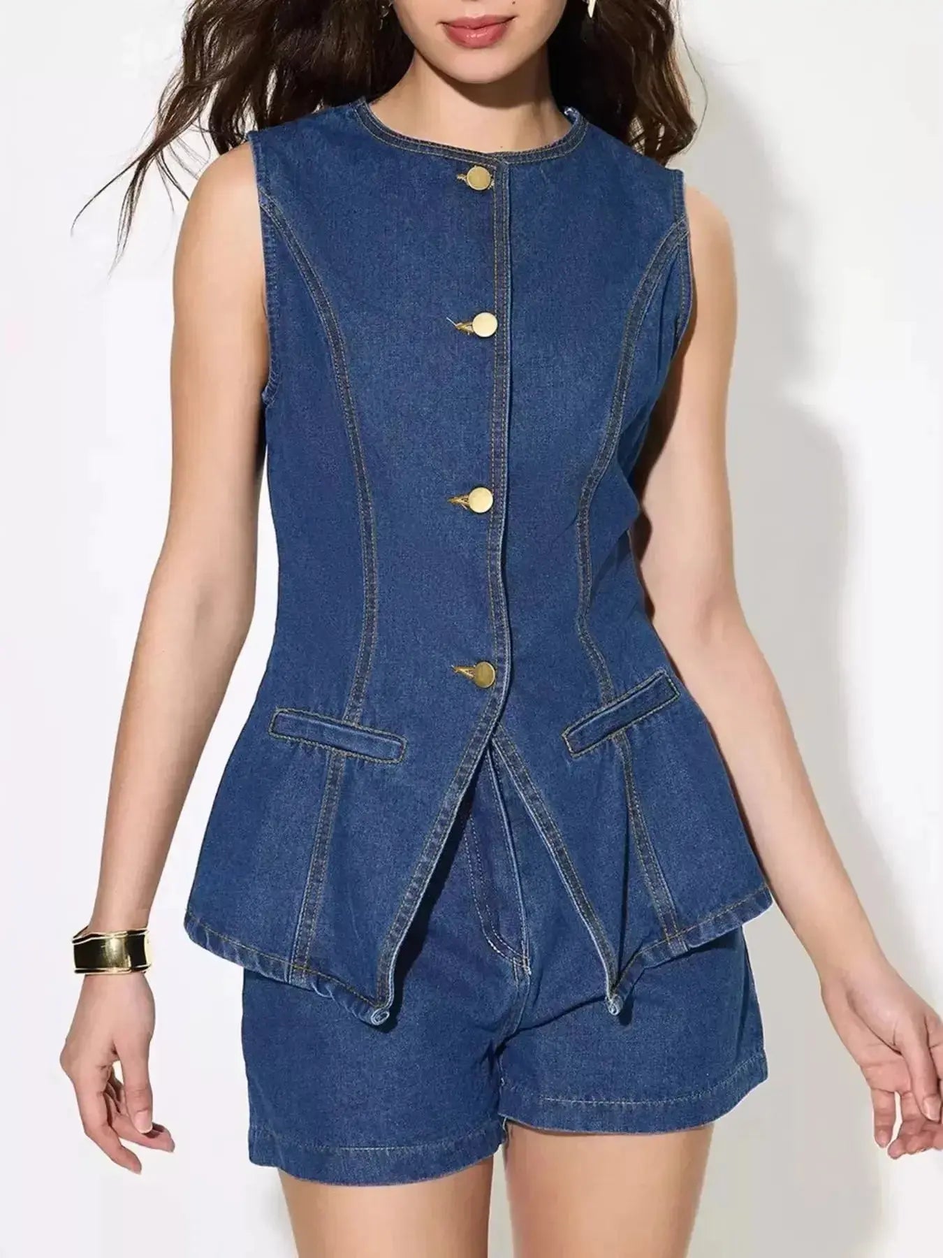 Women's sleeveless denim button-up top and matching shorts set by Trendsi, casual summer outfit with front buttons and fitted style.
