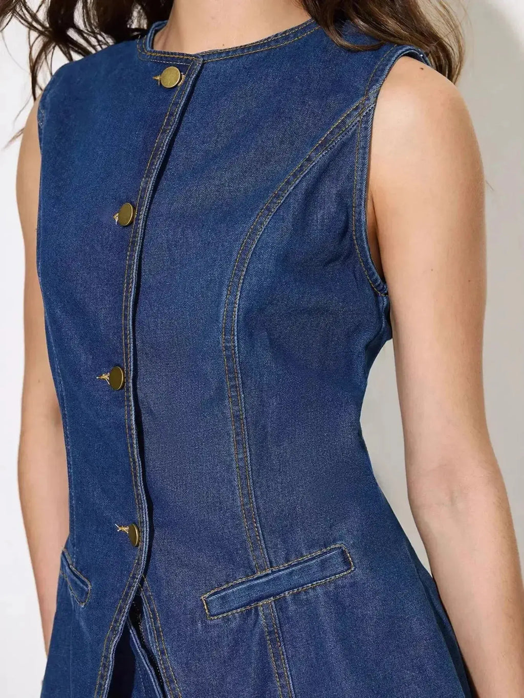 Women's sleeveless denim button-up top and matching shorts set by Trendsi, casual summer outfit, denim fabric, sleeveless design.