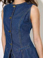 Women’s sleeveless denim button-up top and matching shorts set by Trendsi, featuring casual summer style and classic denim fabric.