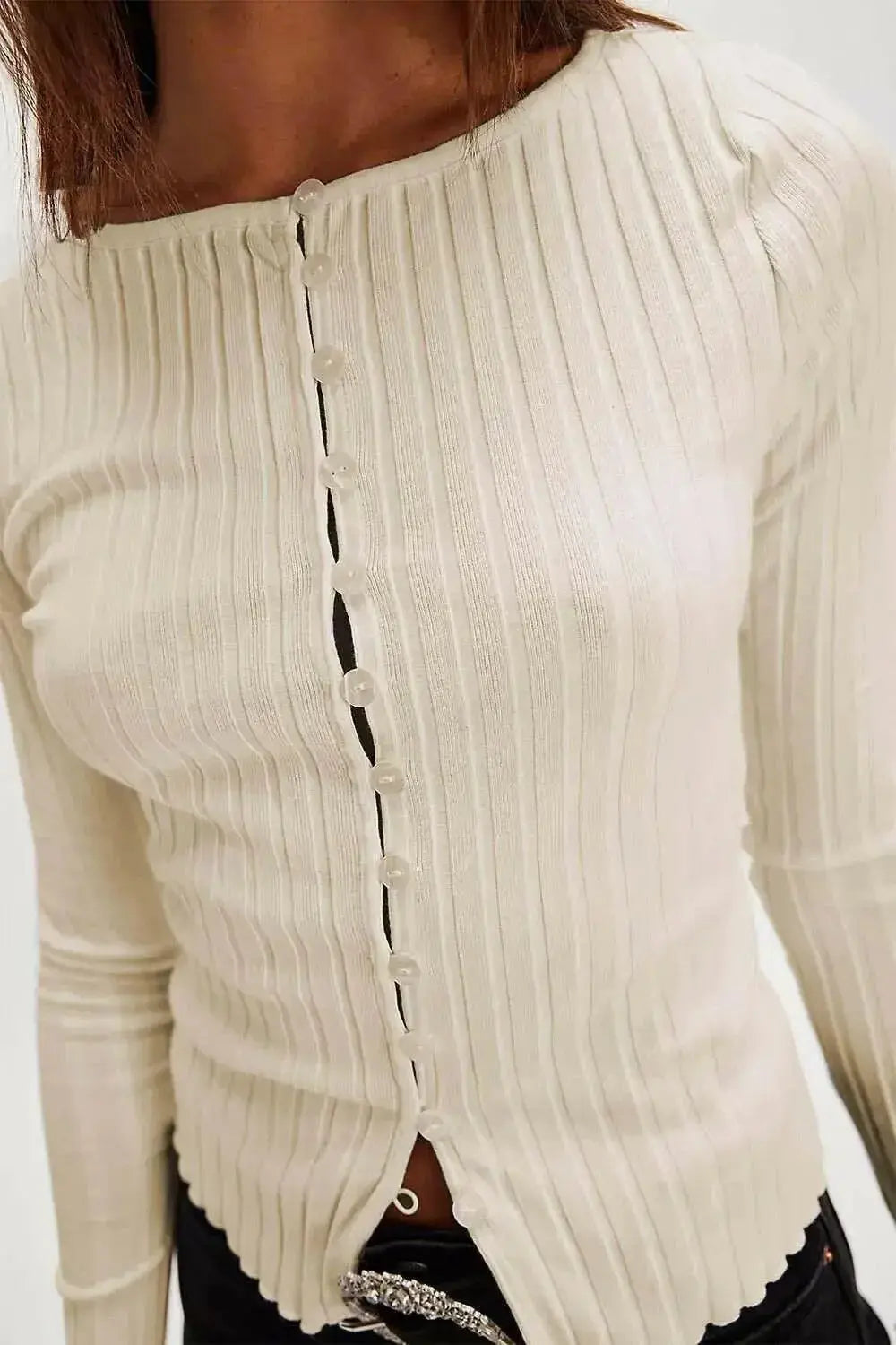 Women’s soft stretch button-up long sleeve top with a round neck, casual style by Plush Fashion Hub.