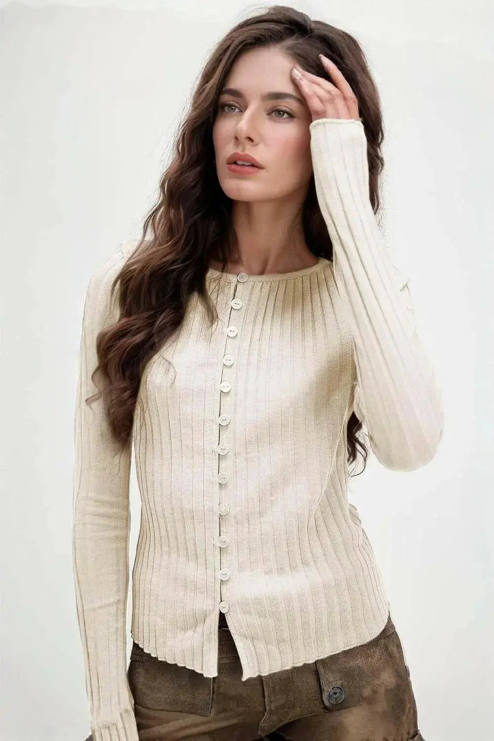 Women’s soft stretch button-up long sleeve top with a round neck, casual style by Plush Fashion Hub.