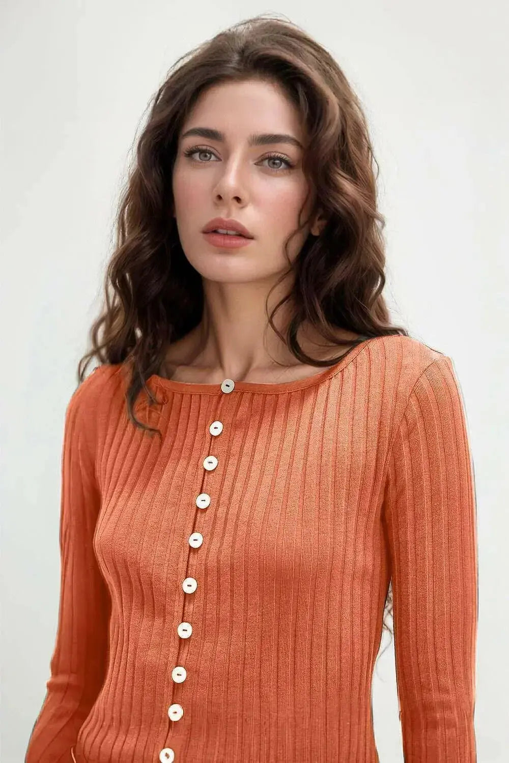 Women’s soft stretch button-up long sleeve top with round neck from Plush Fashion Hub, casual and comfortable for everyday wear.
