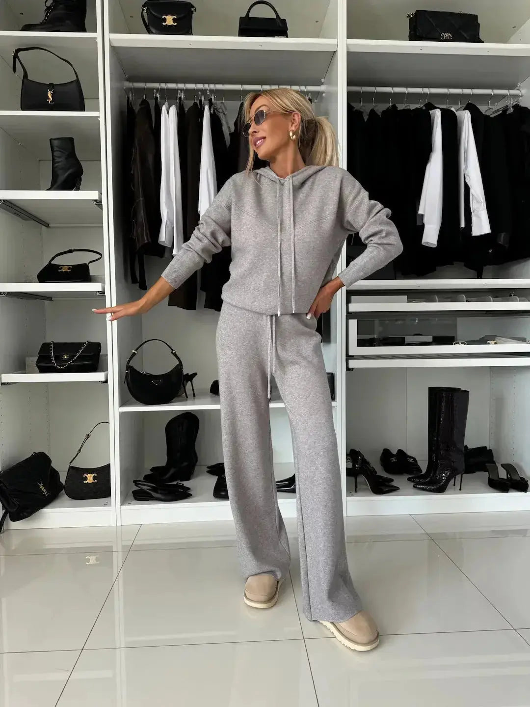 Women’s solid color hooded sweatshirt and wide-leg pant lounge set by Plush Fashion Hub, casual activewear ensemble.