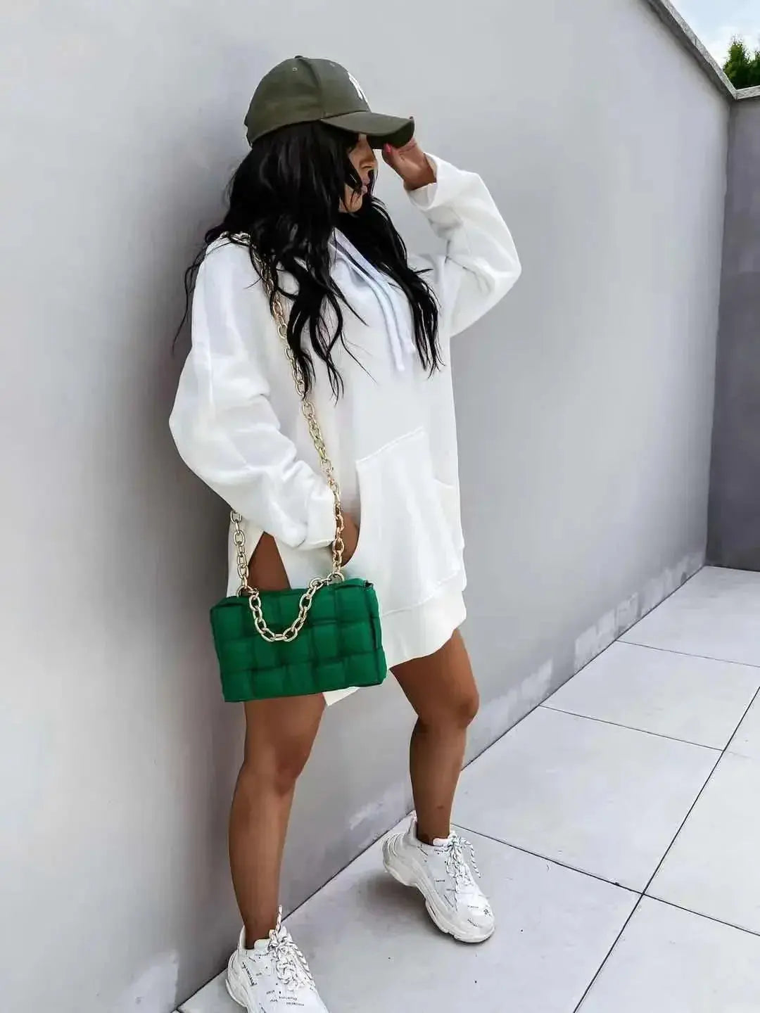 Women’s solid color mid-length hoodie from Plush Fashion Hub, cozy casual pullover sweatshirt with hood and long sleeves.