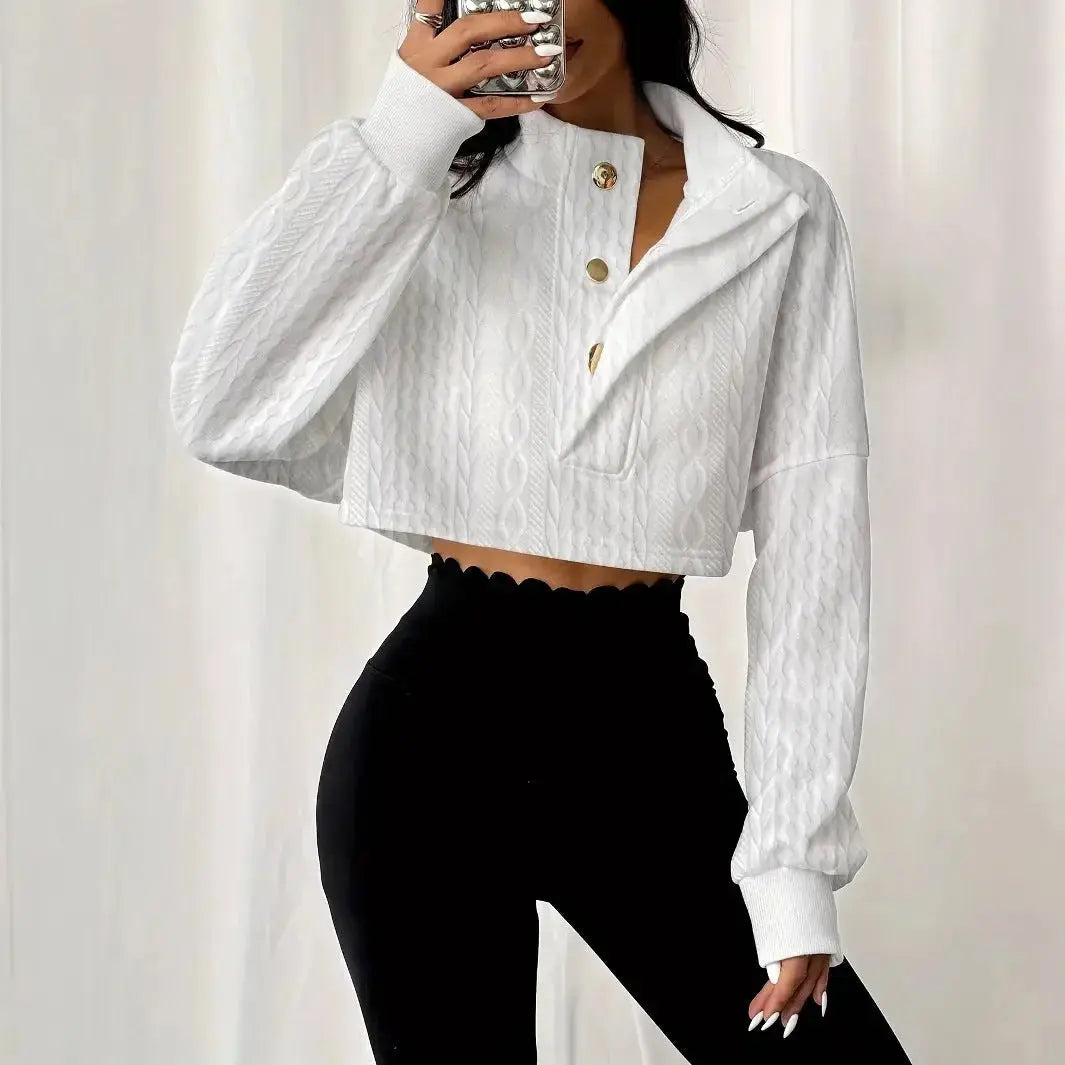 Women's textured short hoodie with stand-up collar, button front, long sleeves, solid color from Plush Fashion Hub.
