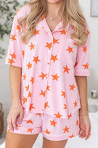 Women's star print short sleeve button-down pajama set by Trendsi, featuring a comfortable, stylish sleepwear design.