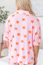 Women’s star print short sleeve button-down pajama set from Trendsi, featuring a comfortable, stylish design for relaxed nights.