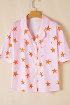 Women’s star print short sleeve button-down pajama set by Trendsi, featuring a comfortable, stylish pajama top and matching shorts.