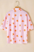 Women's star print short sleeve button-down pajama set by Trendsi, featuring a comfortable, relaxed fit and stylish star pattern.