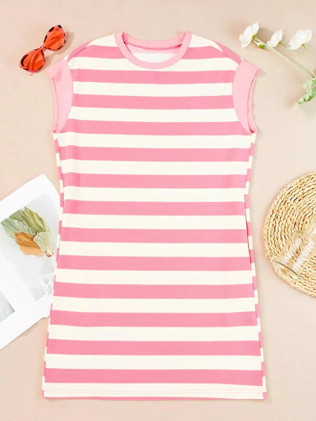 Women’s striped cap sleeve shift dress with pockets by Trendsi, featuring a relaxed fit and casual style.