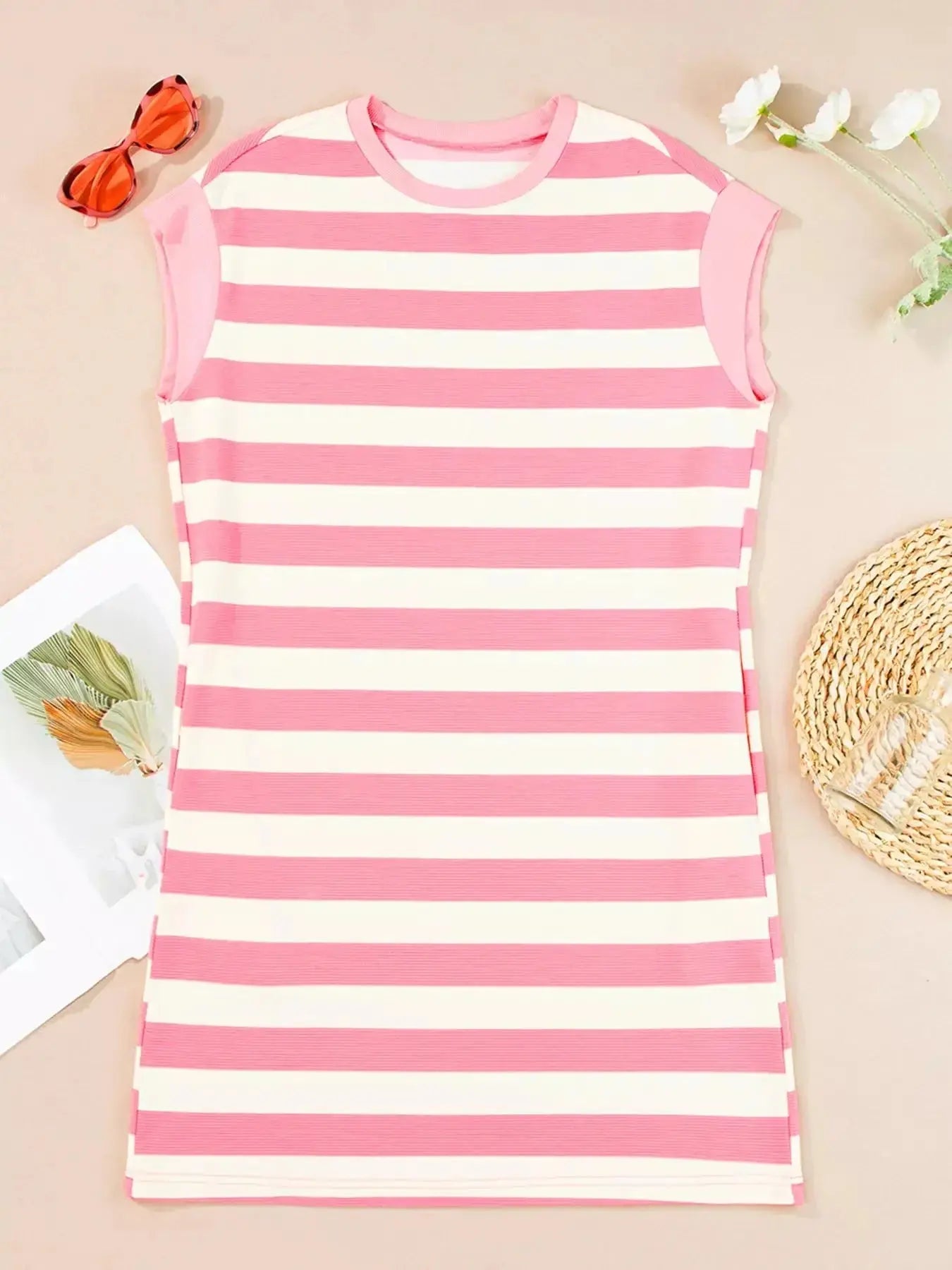 Women’s striped cap sleeve shift dress with pockets by Trendsi, featuring a relaxed fit and casual style.