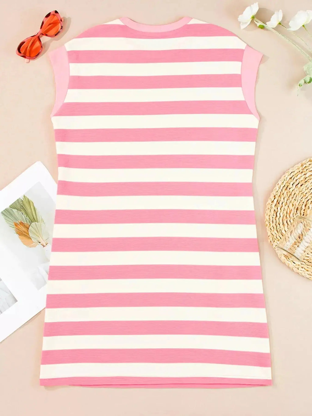 Women’s striped cap sleeve shift dress with pockets, casual sleeveless dress by Trendsi, featuring a relaxed fit and stylish design.