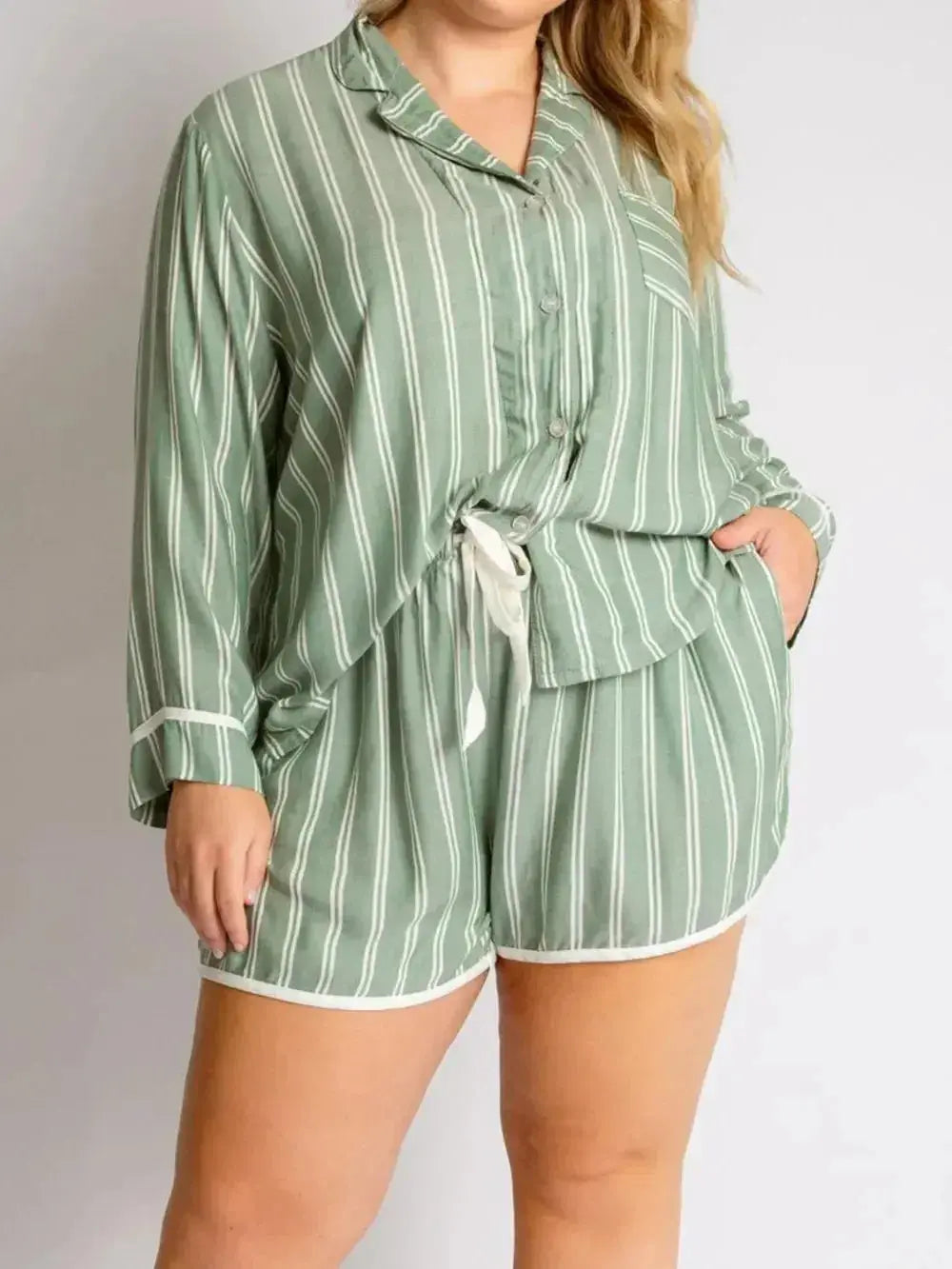 Women’s striped long sleeve collared pajama top and shorts lounge set by Plush Fashion Hub, comfortable sleepwear ensemble.