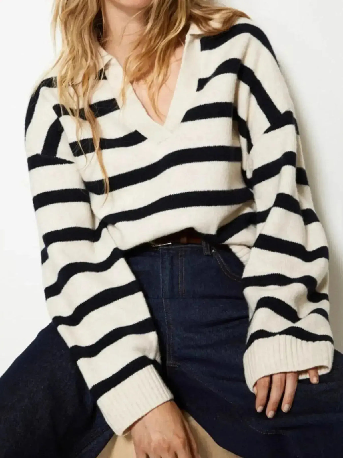 Women's striped knit sweater with Johnny collar and long sleeves, soft casual pullover by Plush Fashion Hub.