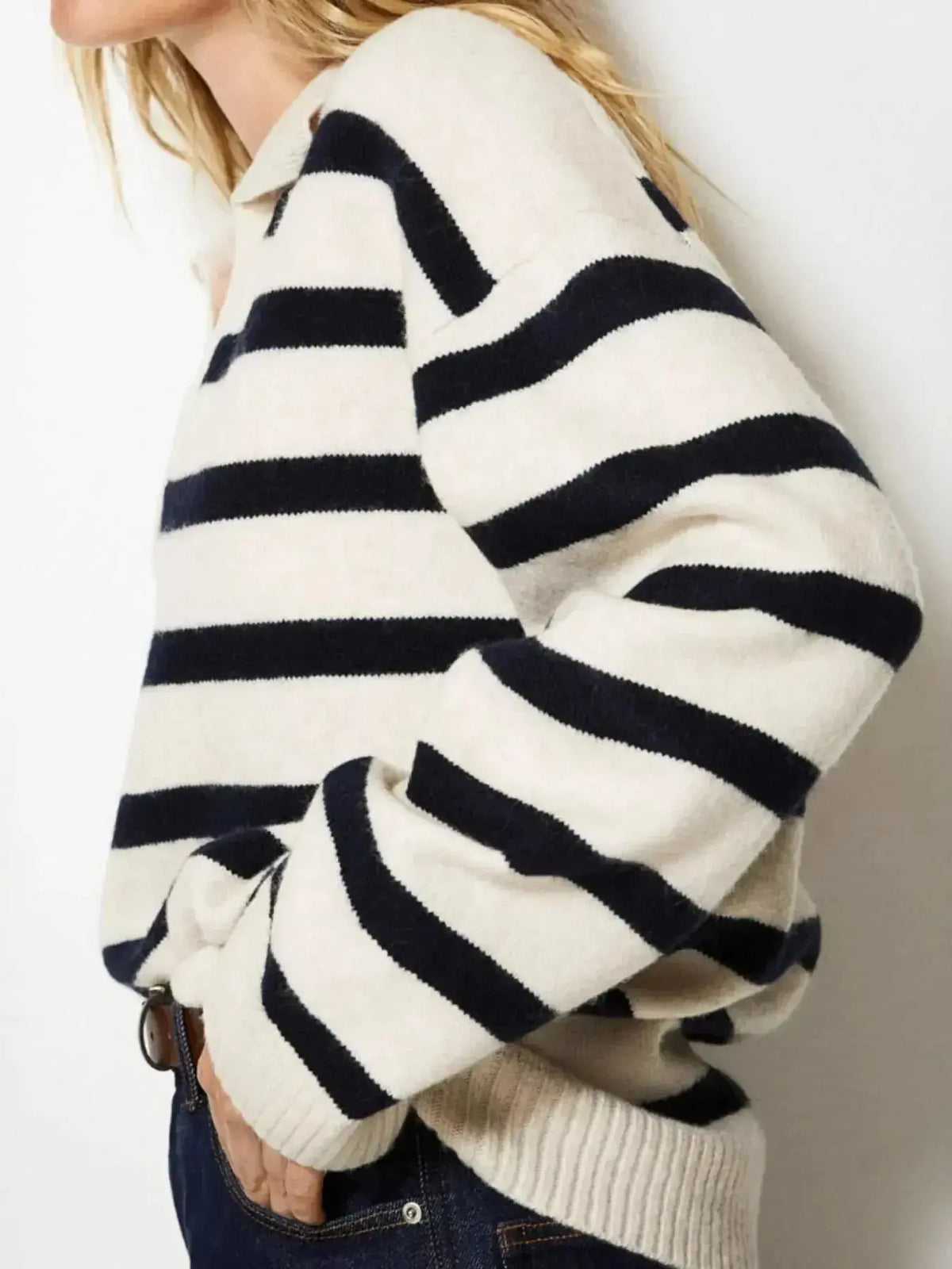 Women’s striped Johnny collar long sleeve knit sweater by Plush Fashion Hub, soft casual pullover with a stylish design.