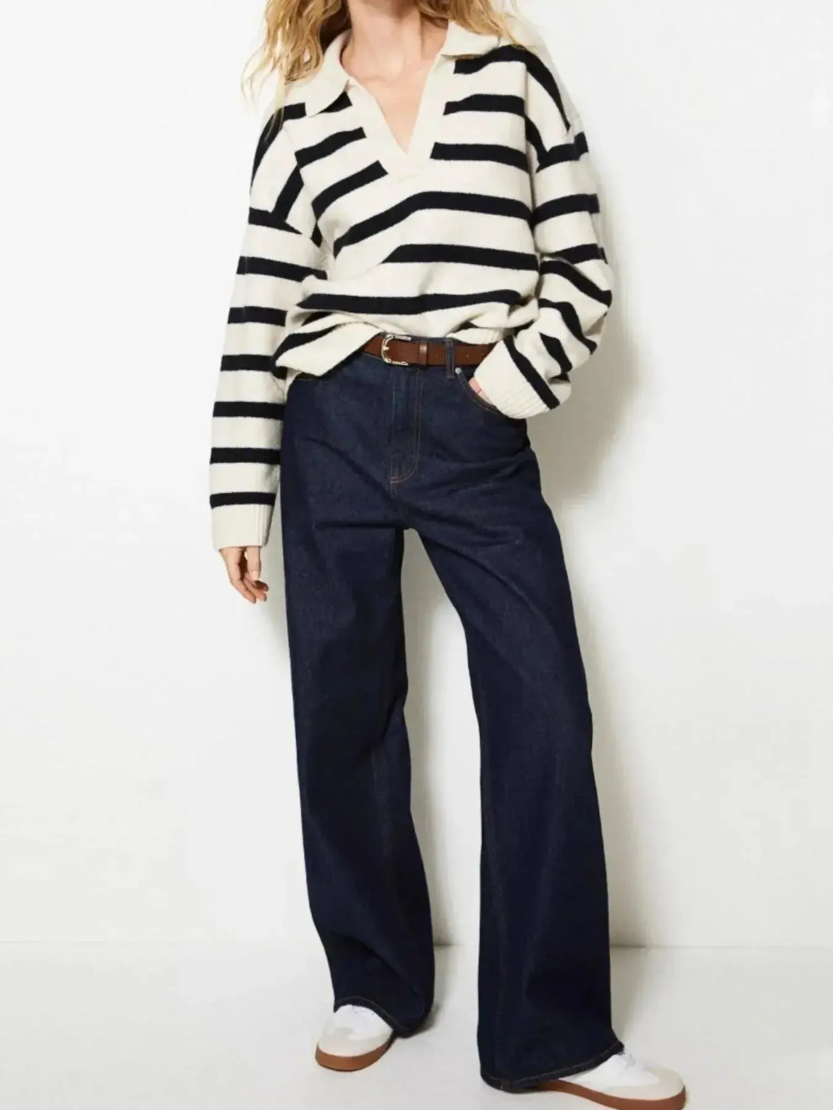 Women's striped knit sweater with Johnny collar and long sleeves, soft casual pullover from Plush Fashion Hub.