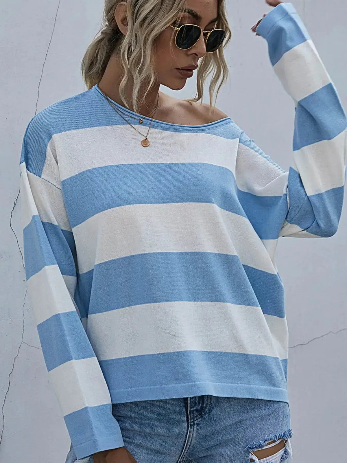 Women's striped long sleeve knit casual crewneck shirt by Plush Fashion Hub, featuring a comfortable fit and stylish design.