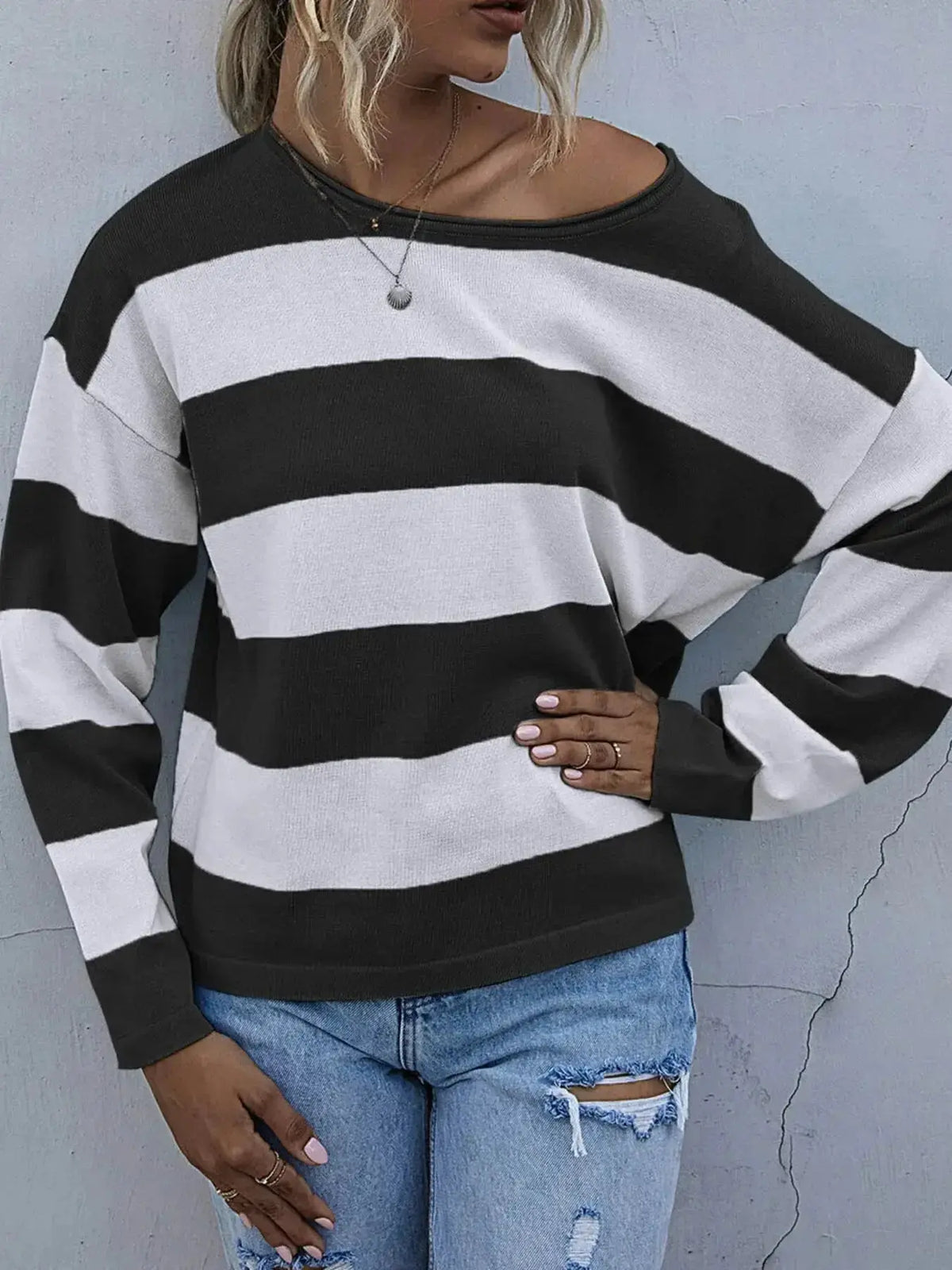 Women's striped long sleeve knit casual crewneck shirt by Plush Fashion Hub, featuring a comfortable and stylish knit design.